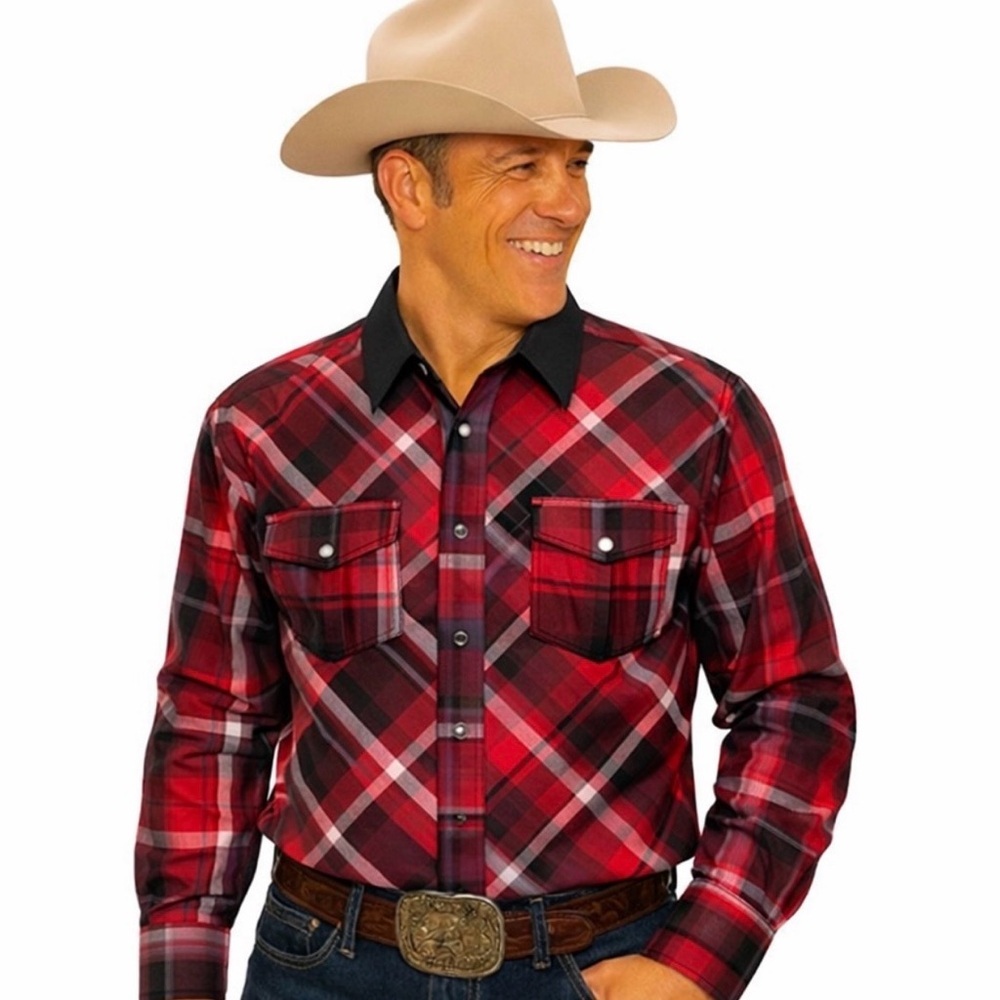 Express Men’s Fitted Snap Front Red Plaid Shirt Large 16–16.5 Button Down